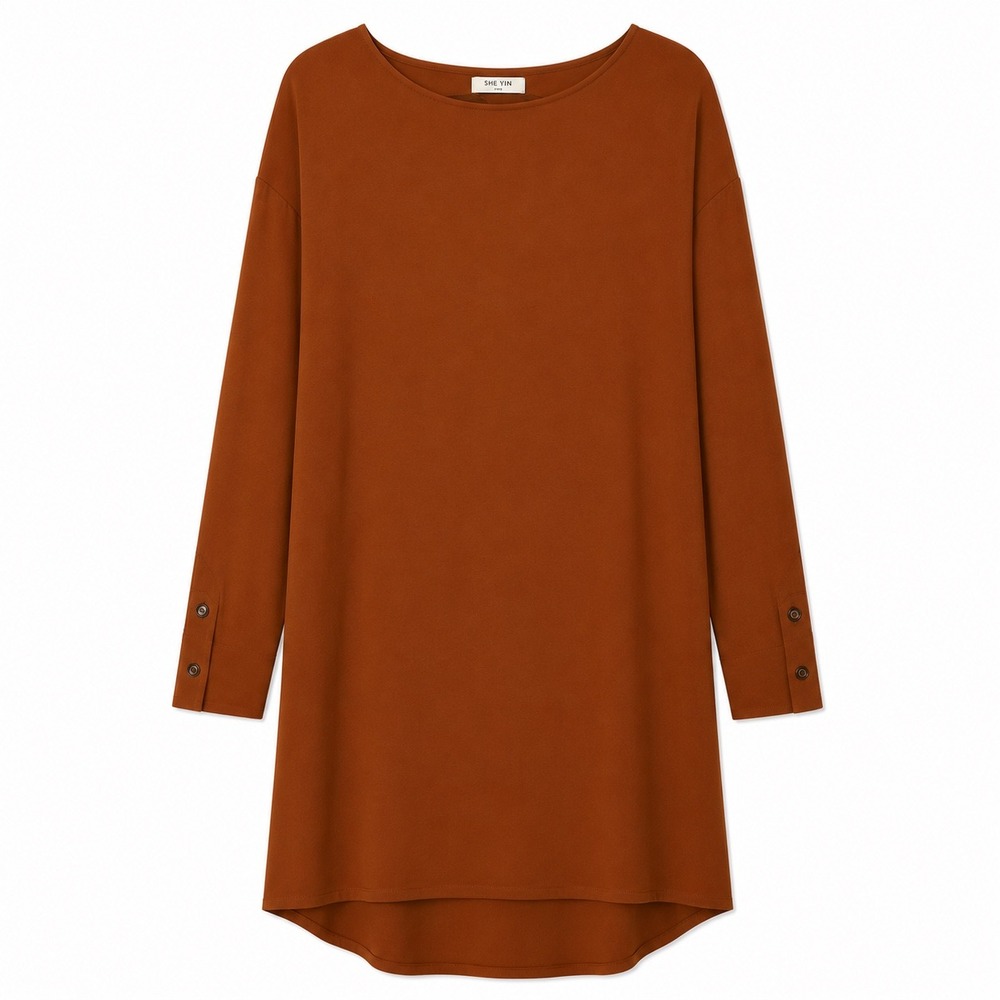 Babaton Aritzia Rust Brown Minimalist Shift Dress Large Long Sleeve